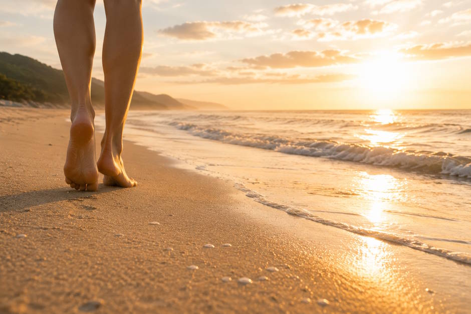 Bare feet walking along the shoreline as waves reflect the setting sun.