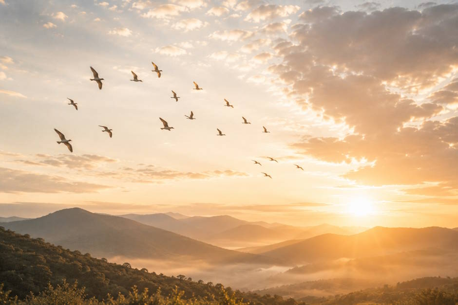 Flock of birds flying above layered mountains beneath a glowing sunrise sky.