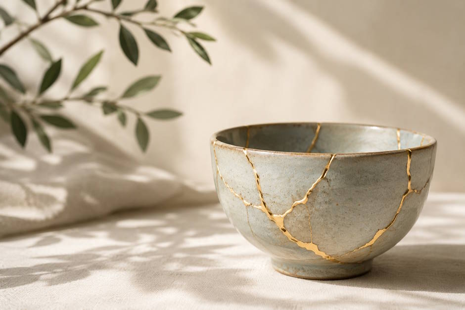 Ceramic bowl repaired with visible gold seams on a softly lit fabric surface.