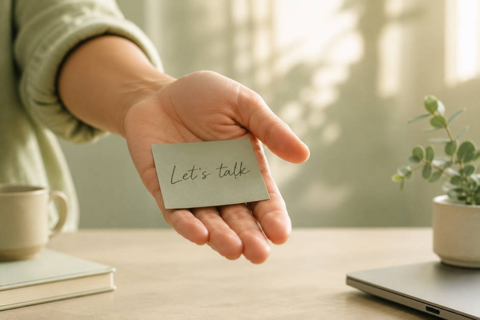 Outstretched hand holding a note that reads “Let’s talk” beside a laptop, mug, and plant.