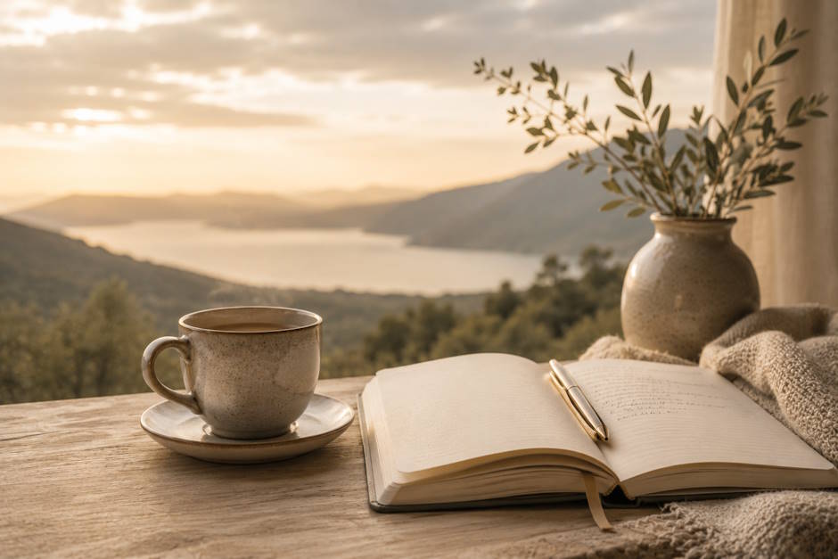 Open journal, pen, coffee cup, and leafy vase on a table overlooking a mountain lake.