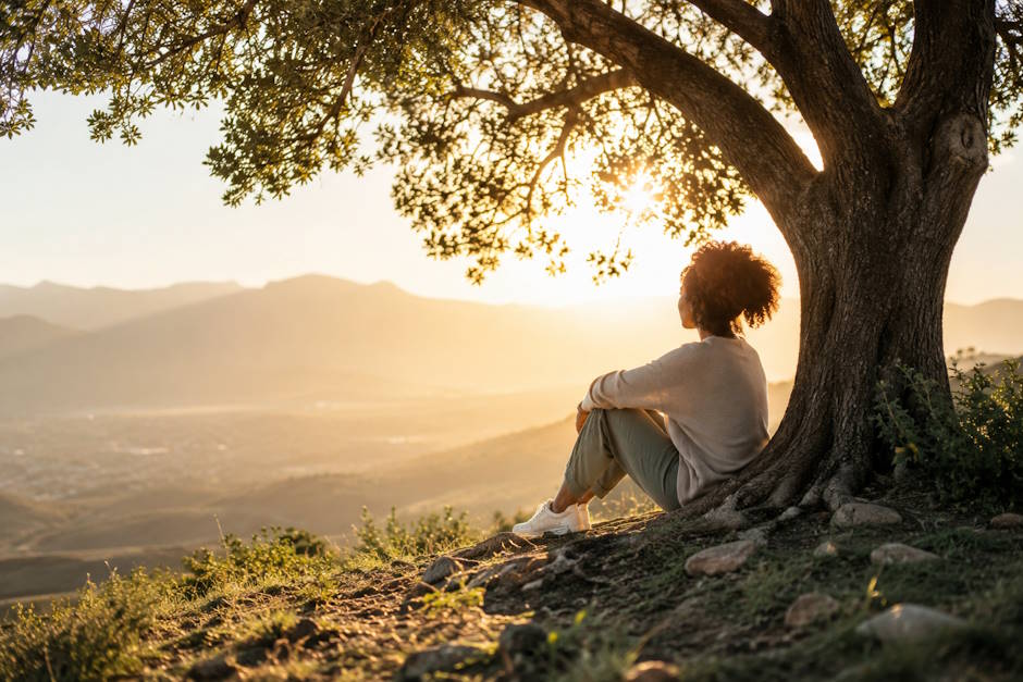 Person sitting beneath a large tree and looking across a sunlit mountain valley.