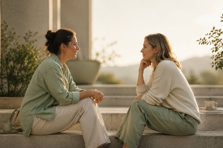 Two women seated face to face on outdoor steps during warm evening light.