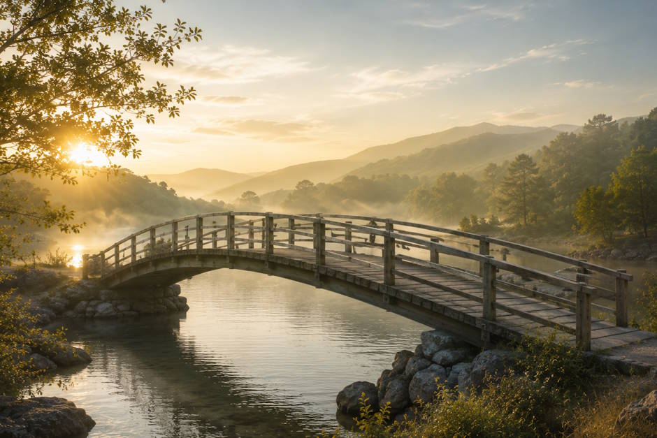 Arched wooden footbridge crossing a calm river in a misty mountain landscape.